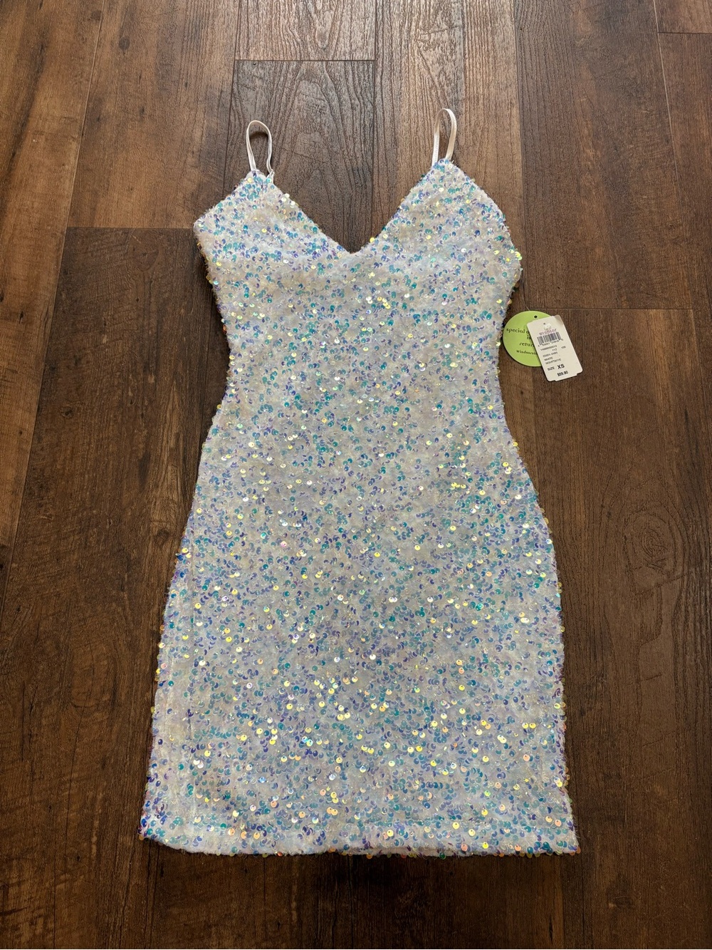 Windsor Iridescent White Sequin Spaghetti Strap Mini Dress